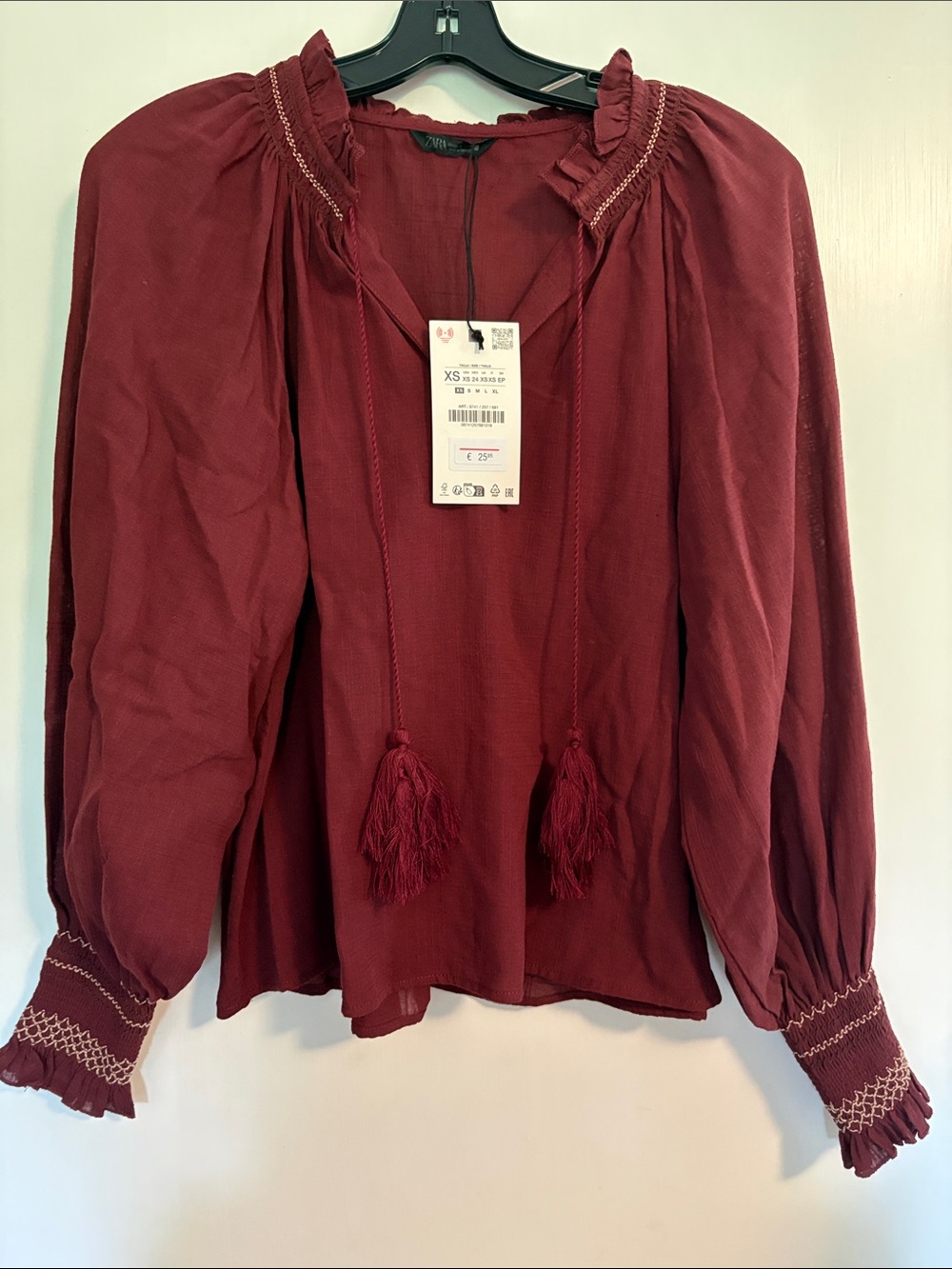 Zara NWT Women's Boho Tassel Peasant Blouse - Burgundy